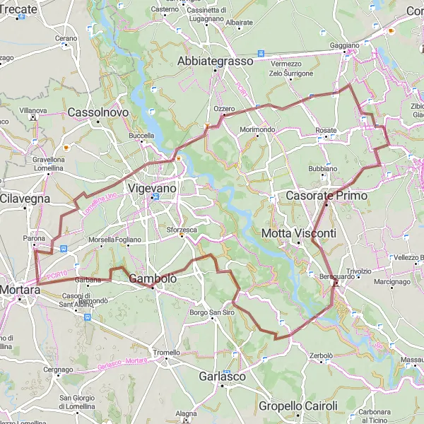 Miniatura della mappa di ispirazione al ciclismo "Itinerario Gravel a Ozzero e Noviglio" nella regione di Lombardia, Italy. Generata da Tarmacs.app, pianificatore di rotte ciclistiche