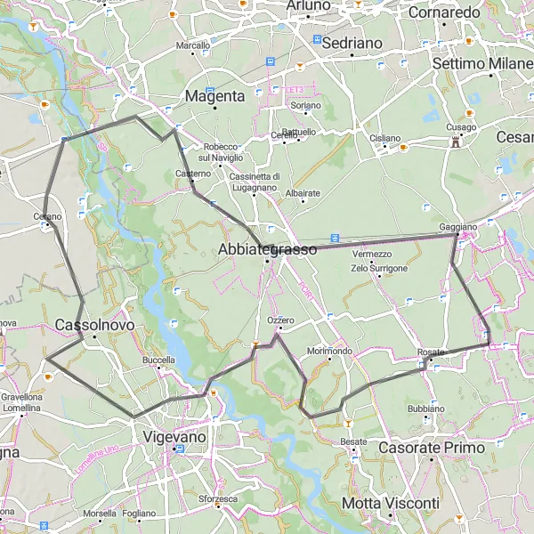 Miniatua del mapa de inspiración ciclista "Ruta de carretera a Abbiategrasso y Gaggiano" en Lombardia, Italy. Generado por Tarmacs.app planificador de rutas ciclistas