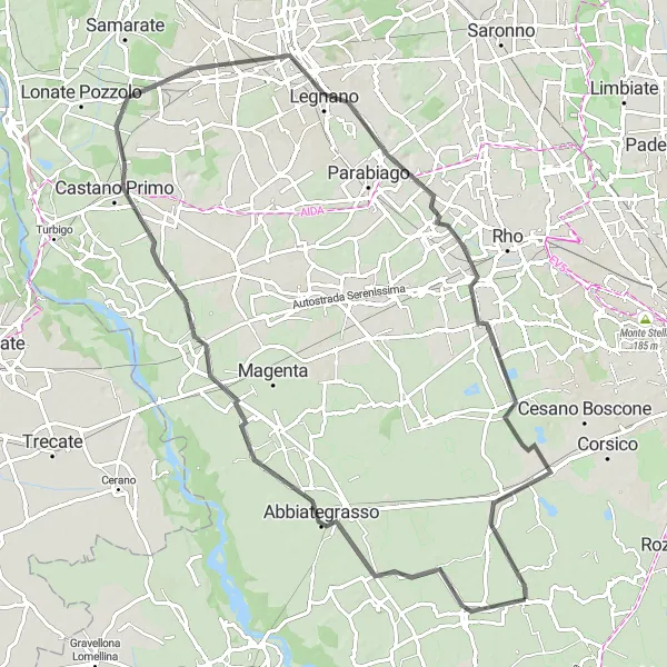 Mapa miniatúra "Okružná cesta cez Rosate, Abbiategrasso, Cuggiono, Legnano, Cornaredo, Trezzano sul Naviglio a Cascina Gibera" cyklistická inšpirácia v Lombardia, Italy. Vygenerované cyklistickým plánovačom trás Tarmacs.app
