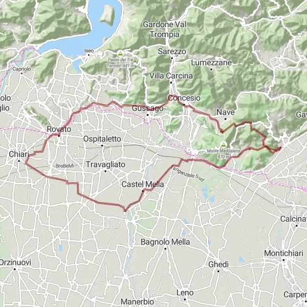 Map miniature of "Gravel Route to Brescia" cycling inspiration in Lombardia, Italy. Generated by Tarmacs.app cycling route planner