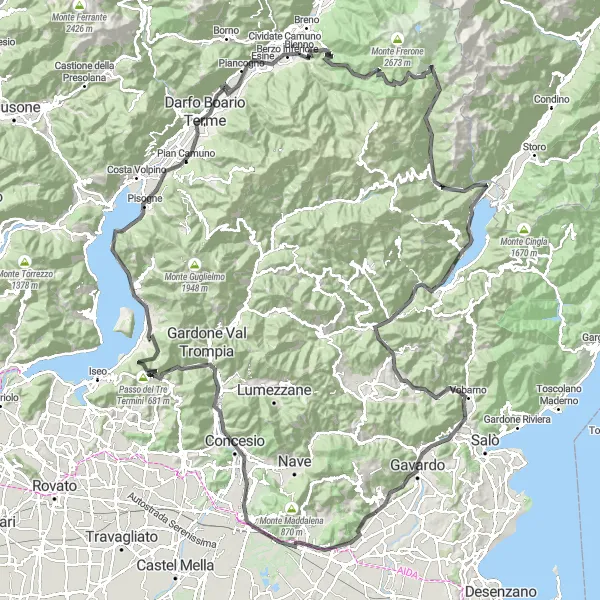 Miniaturní mapa "Road Berzo Inferiore Challenge" inspirace pro cyklisty v oblasti Lombardia, Italy. Vytvořeno pomocí plánovače tras Tarmacs.app