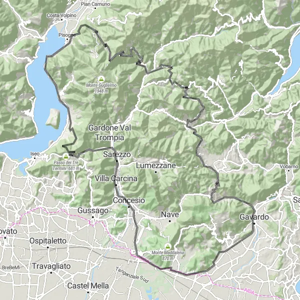 Map miniature of "The Brescia Alps Challenge" cycling inspiration in Lombardia, Italy. Generated by Tarmacs.app cycling route planner