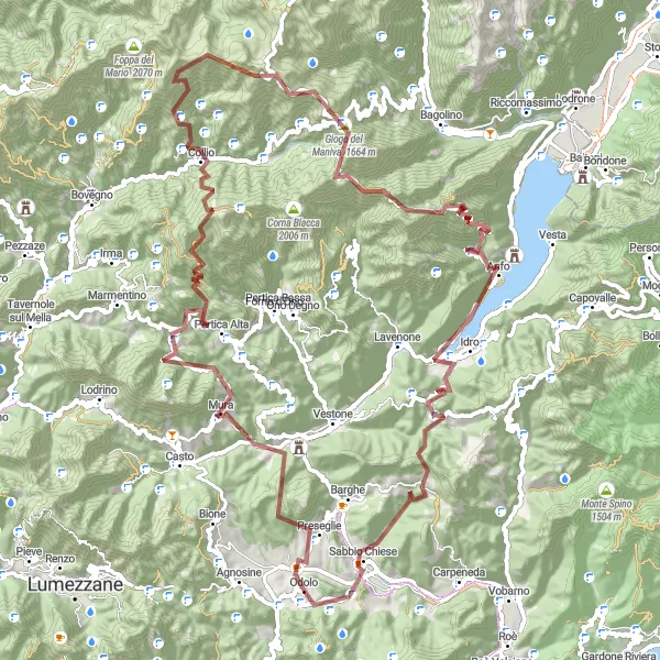 Kartminiatyr av "Utfordrende Rundtur fra Odolo til Monte Canale" sykkelinspirasjon i Lombardia, Italy. Generert av Tarmacs.app sykkelrutoplanlegger