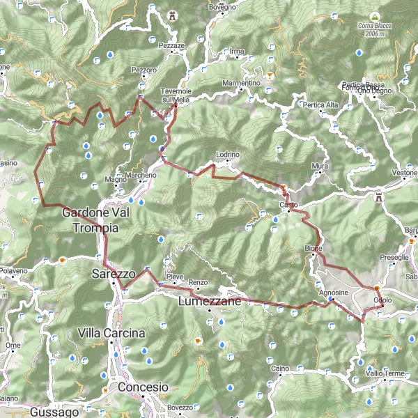 Map miniature of "Gravel adventure: Exploring nature's beauty near Odolo" cycling inspiration in Lombardia, Italy. Generated by Tarmacs.app cycling route planner