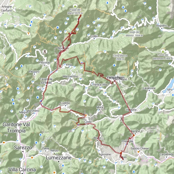 Miniaturekort af cykelinspirationen "Grusvejscykling i Tavernole sul Mella og Barghe" i Lombardia, Italy. Genereret af Tarmacs.app cykelruteplanlægger