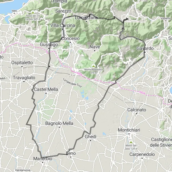Map miniature of "The Morti ascent: Cycling amidst natural beauty" cycling inspiration in Lombardia, Italy. Generated by Tarmacs.app cycling route planner