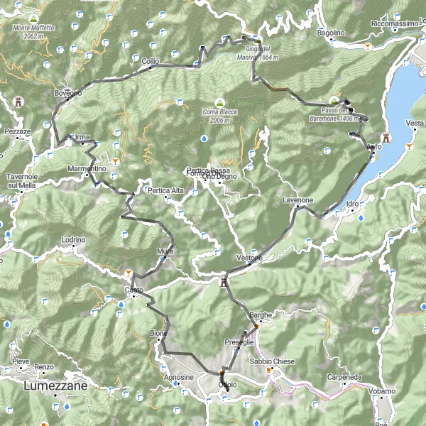 Map miniature of "Challenging heights: Conquering the peaks near Odolo" cycling inspiration in Lombardia, Italy. Generated by Tarmacs.app cycling route planner
