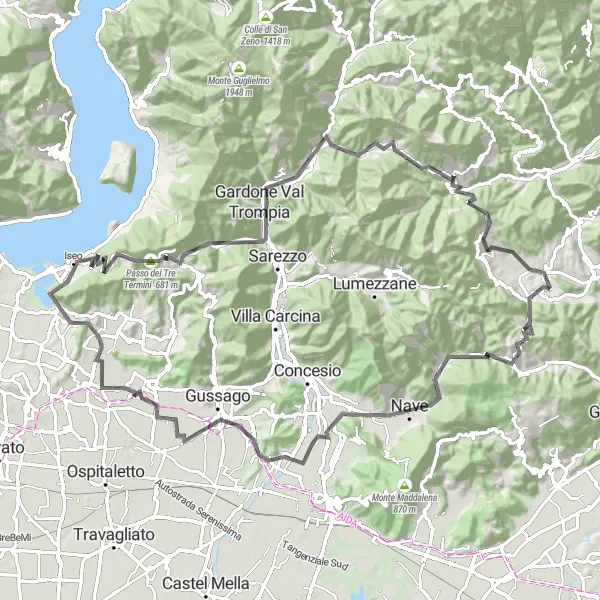 Miniaturní mapa "Cyklistická trasa od Odola k Iseu" inspirace pro cyklisty v oblasti Lombardia, Italy. Vytvořeno pomocí plánovače tras Tarmacs.app