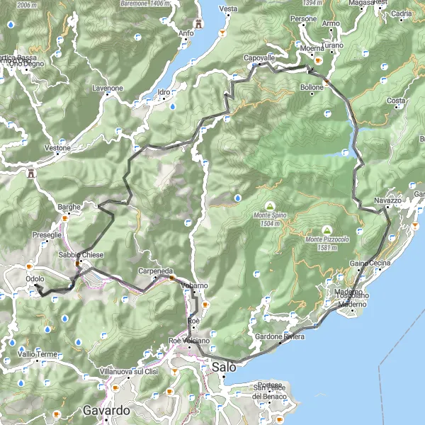 Miniatura della mappa di ispirazione al ciclismo "Giro dei Monti Gardesani" nella regione di Lombardia, Italy. Generata da Tarmacs.app, pianificatore di rotte ciclistiche