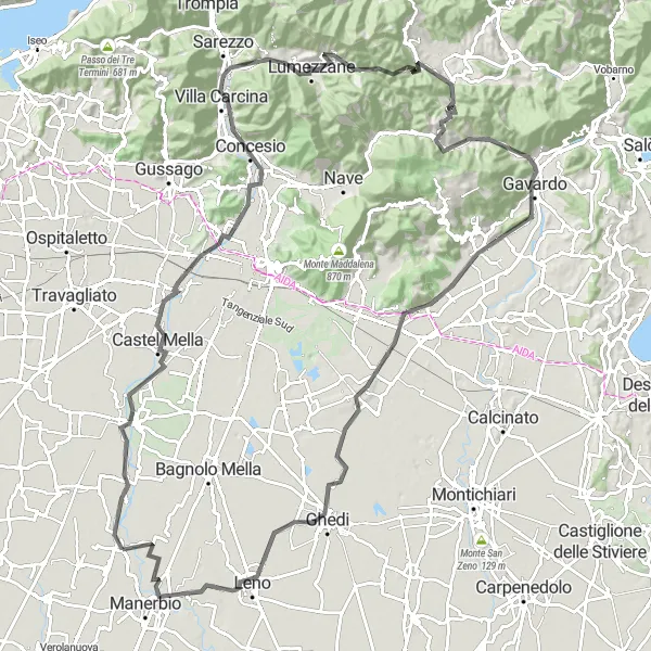 Map miniature of "The Hills of Lombardia" cycling inspiration in Lombardia, Italy. Generated by Tarmacs.app cycling route planner