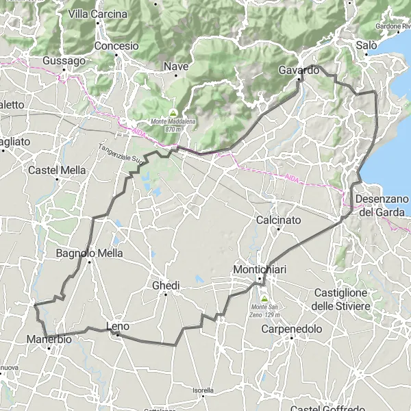 Miniatura della mappa di ispirazione al ciclismo "Tra i Colli del Garda e il Lago d'Iseo" nella regione di Lombardia, Italy. Generata da Tarmacs.app, pianificatore di rotte ciclistiche
