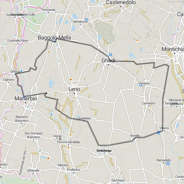 Miniatua del mapa de inspiración ciclista "Ruta de ciclismo de carretera Bagnolo Mella-Manerbio" en Lombardia, Italy. Generado por Tarmacs.app planificador de rutas ciclistas