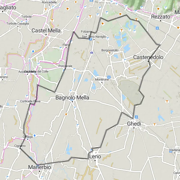 Miniatua del mapa de inspiración ciclista "Ruta de ciclismo de carretera Poncarale-Castenedolo" en Lombardia, Italy. Generado por Tarmacs.app planificador de rutas ciclistas