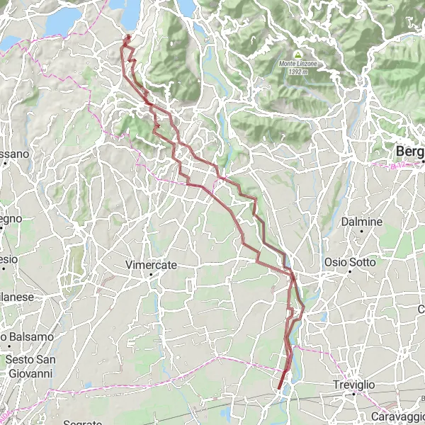 Miniatura della mappa di ispirazione al ciclismo "Tour Gravel tra Brescia e Adda" nella regione di Lombardia, Italy. Generata da Tarmacs.app, pianificatore di rotte ciclistiche