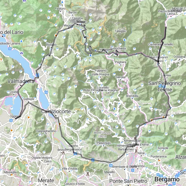 Map miniature of "The Lakes and Mountains Loop" cycling inspiration in Lombardia, Italy. Generated by Tarmacs.app cycling route planner