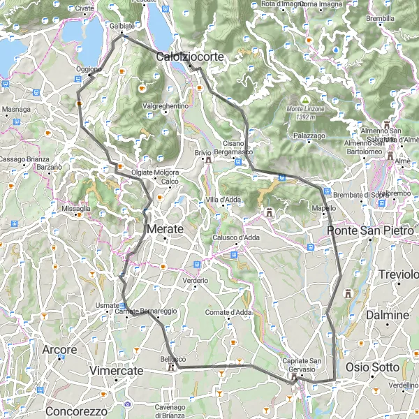 Miniatua del mapa de inspiración ciclista "Ruta de Ciclismo en Carretera desde Oggiono" en Lombardia, Italy. Generado por Tarmacs.app planificador de rutas ciclistas
