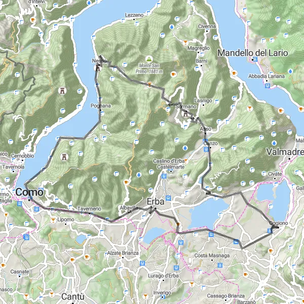 Kartminiatyr av "Äventyrlig rundtur genom Como" cykelinspiration i Lombardia, Italy. Genererad av Tarmacs.app cykelruttplanerare