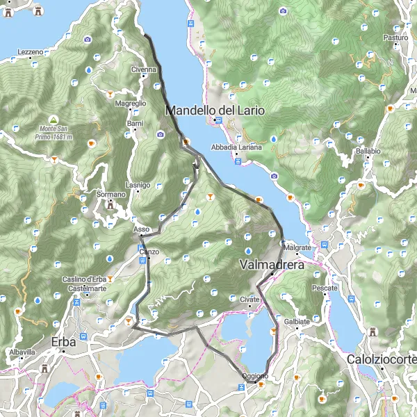 Map miniature of "The Three Lakes Loop" cycling inspiration in Lombardia, Italy. Generated by Tarmacs.app cycling route planner