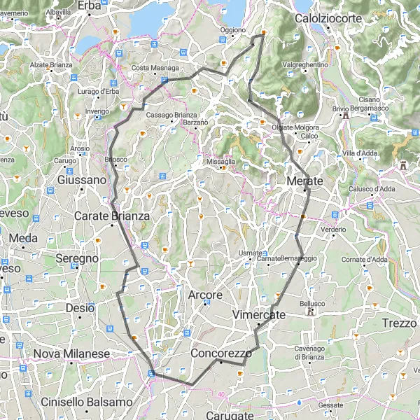 Miniatua del mapa de inspiración ciclista "Ruta Escénica en Bicicleta de Carretera desde Oggiono" en Lombardia, Italy. Generado por Tarmacs.app planificador de rutas ciclistas