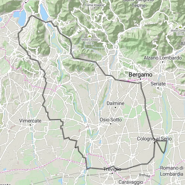 Map miniature of "The Charming Bergamo Loop" cycling inspiration in Lombardia, Italy. Generated by Tarmacs.app cycling route planner