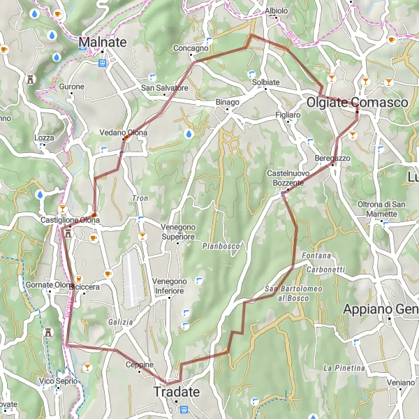 Map miniature of "Gravel Cycling Adventure near Olgiate Comasco" cycling inspiration in Lombardia, Italy. Generated by Tarmacs.app cycling route planner
