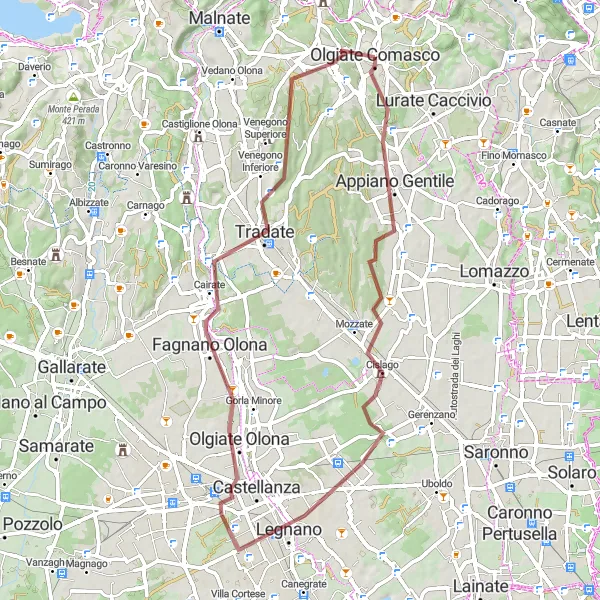 Kartminiatyr av "Kort og utfordrende grusvei tur nær Olgiate Comasco" sykkelinspirasjon i Lombardia, Italy. Generert av Tarmacs.app sykkelrutoplanlegger