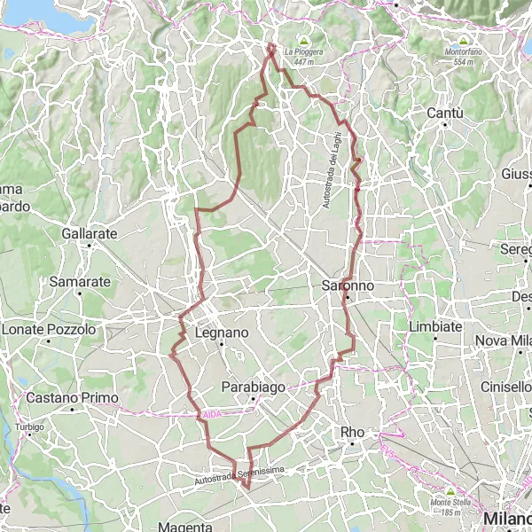 Miniatuurkaart van de fietsinspiratie "Avontuurlijke graveltocht rond Olgiate Comasco" in Lombardia, Italy. Gemaakt door de Tarmacs.app fietsrouteplanner