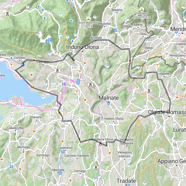 Miniaturní mapa "Okruh kolem Olgiate Comasco přes Castiglione Olona a Monte Monarco" inspirace pro cyklisty v oblasti Lombardia, Italy. Vytvořeno pomocí plánovače tras Tarmacs.app