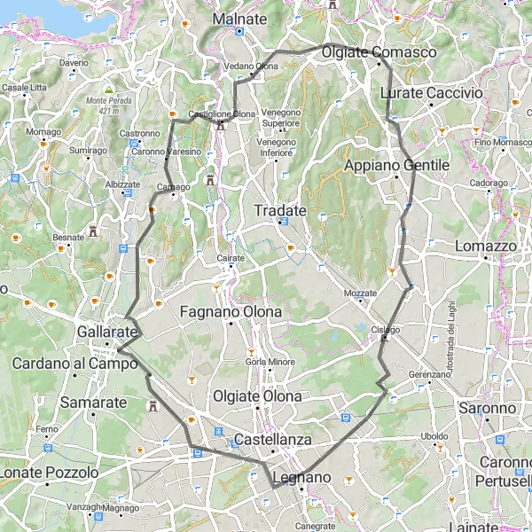Miniaturní mapa "Road Route to Busto Arsizio and Binago" inspirace pro cyklisty v oblasti Lombardia, Italy. Vytvořeno pomocí plánovače tras Tarmacs.app
