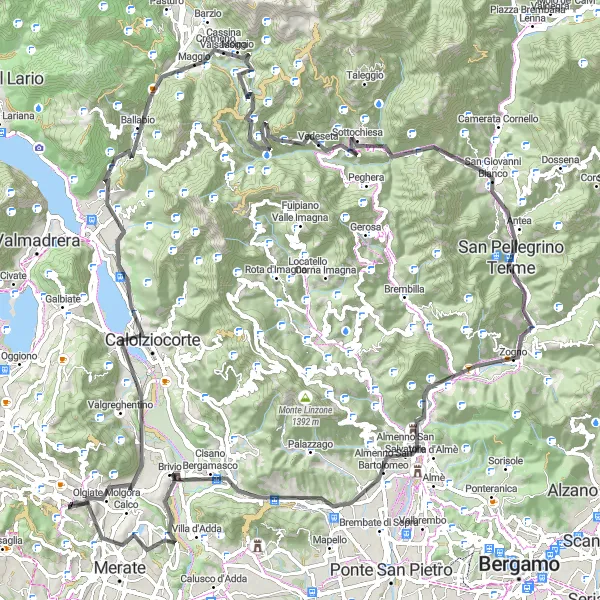 Kartminiatyr av "Fjellruta til San Pellegrino Terme" sykkelinspirasjon i Lombardia, Italy. Generert av Tarmacs.app sykkelrutoplanlegger