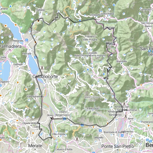 Miniature de la carte de l'inspiration cycliste "L'épopée d'Olginate à Imbersago à vélo" dans la Lombardia, Italy. Générée par le planificateur d'itinéraire cycliste Tarmacs.app