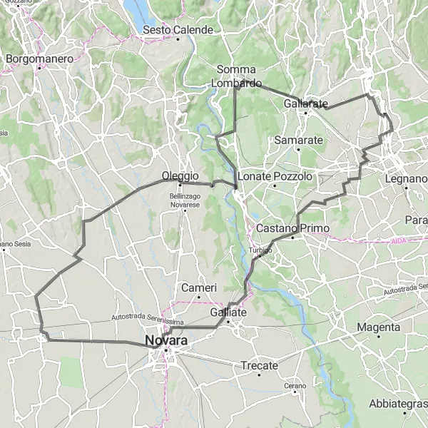 Kartminiatyr av "Lang sykkeltur til Novara og Vicolungo" sykkelinspirasjon i Lombardia, Italy. Generert av Tarmacs.app sykkelrutoplanlegger