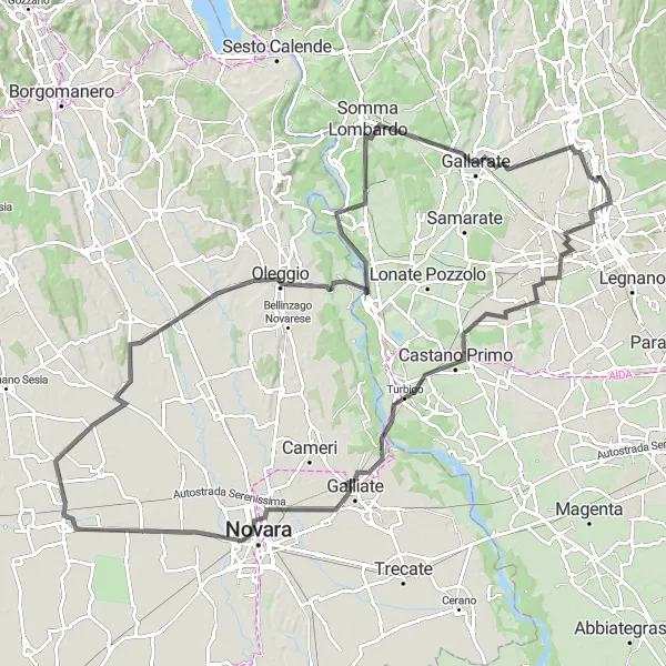 Map miniature of "Novara and Casorate Sempione Road Cycling Trek" cycling inspiration in Lombardia, Italy. Generated by Tarmacs.app cycling route planner