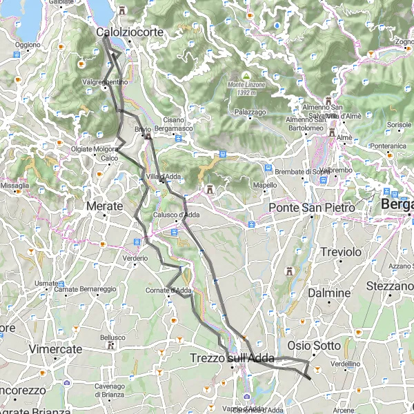 Zemljevid v pomanjšavi "Uživajte v potovanju med Calco in Bottanuco" kolesarske inspiracije v Lombardia, Italy. Generirano z načrtovalcem kolesarskih poti Tarmacs.app