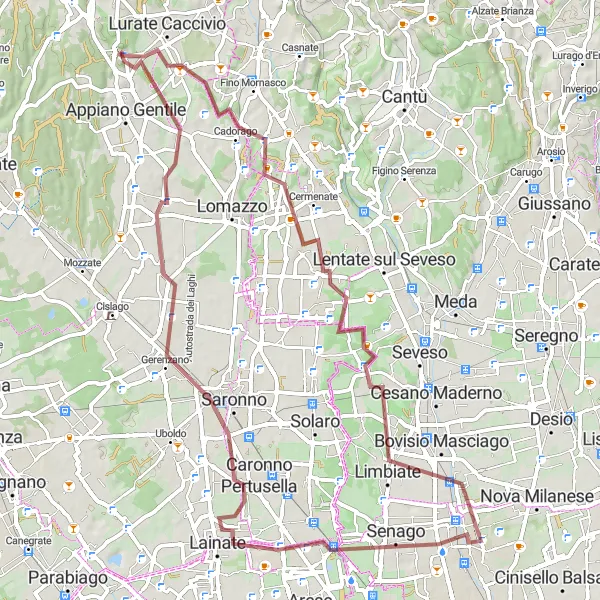 Miniatura della mappa di ispirazione al ciclismo "Avventura Gravel tra Lazzate e Fenegrò" nella regione di Lombardia, Italy. Generata da Tarmacs.app, pianificatore di rotte ciclistiche