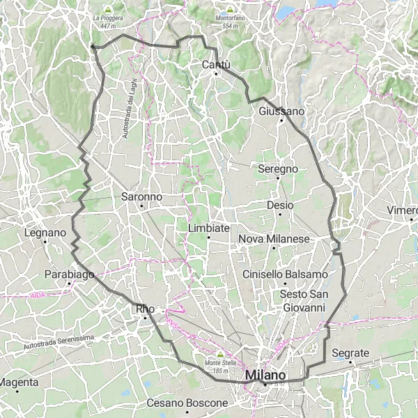 Miniaturekort af cykelinspirationen "Langdistance cykeltur til Milano" i Lombardia, Italy. Genereret af Tarmacs.app cykelruteplanlægger