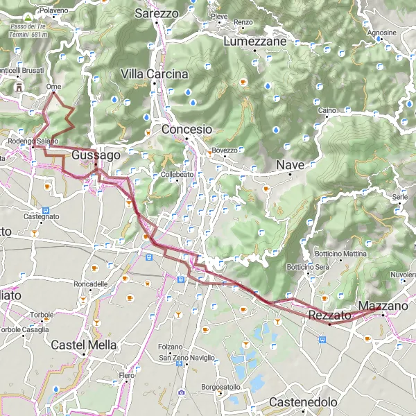 Map miniature of "Ome to Rodengo Saiano Gravel Adventure" cycling inspiration in Lombardia, Italy. Generated by Tarmacs.app cycling route planner