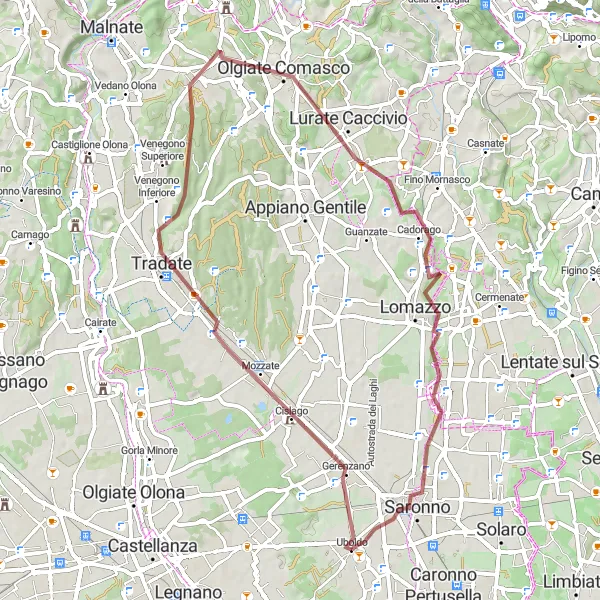 Kartminiatyr av "Grusvei eventyr fra Origgio" sykkelinspirasjon i Lombardia, Italy. Generert av Tarmacs.app sykkelrutoplanlegger