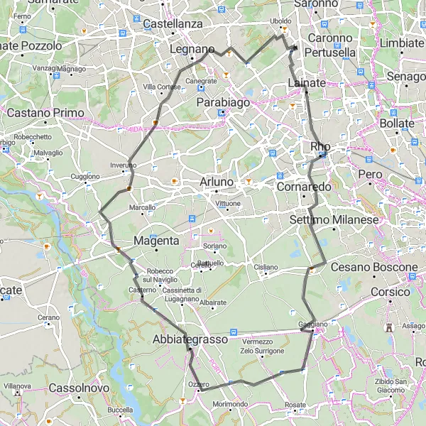 Mapa miniatúra "Trasa cez Cornaredo a Abbiategrasso" cyklistická inšpirácia v Lombardia, Italy. Vygenerované cyklistickým plánovačom trás Tarmacs.app