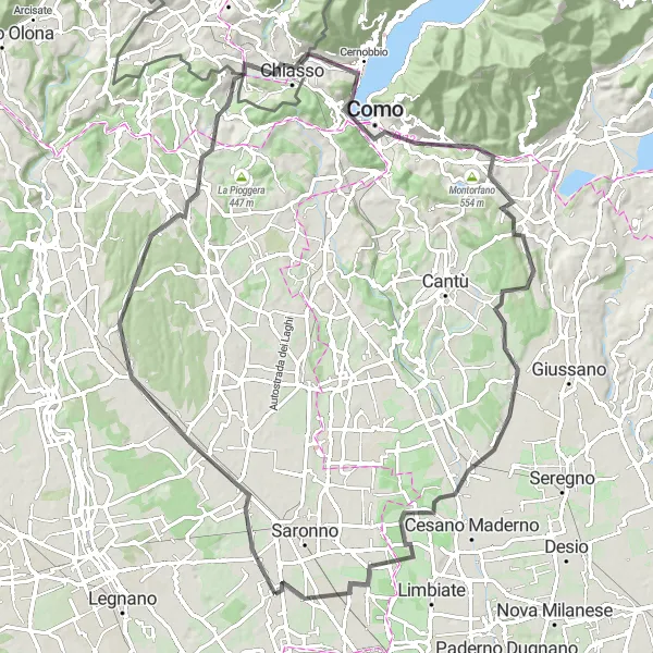 Kartminiatyr av "Landsveiopplevelser nær Origgio" sykkelinspirasjon i Lombardia, Italy. Generert av Tarmacs.app sykkelrutoplanlegger