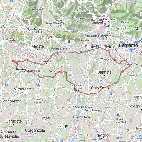 Zemljevid v pomanjšavi "Scenic Gravel Ride to Colognola" kolesarske inspiracije v Lombardia, Italy. Generirano z načrtovalcem kolesarskih poti Tarmacs.app