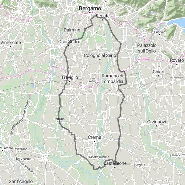 Map miniature of "Seriate to Azzano San Paolo Loop" cycling inspiration in Lombardia, Italy. Generated by Tarmacs.app cycling route planner