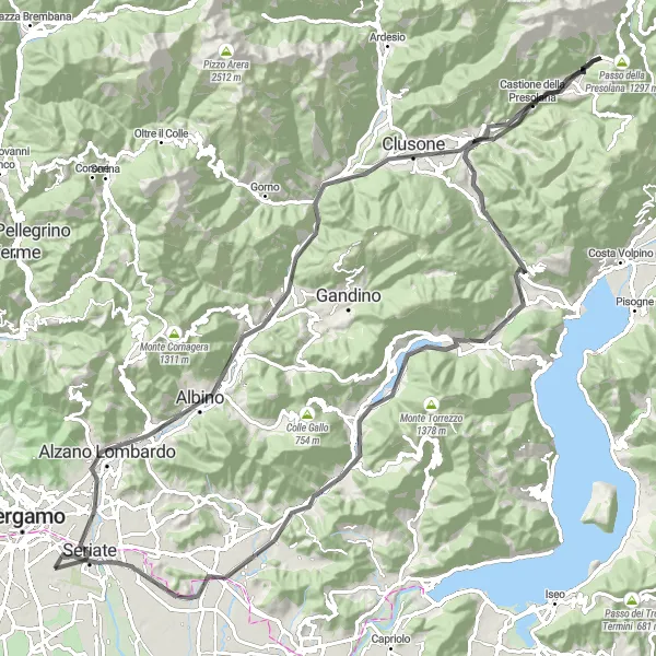 Miniatura della mappa di ispirazione al ciclismo "Giro del Monte Corno" nella regione di Lombardia, Italy. Generata da Tarmacs.app, pianificatore di rotte ciclistiche