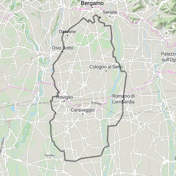 Miniatura della mappa di ispirazione al ciclismo "95km Road Cycling Adventure near Orio al Serio" nella regione di Lombardia, Italy. Generata da Tarmacs.app, pianificatore di rotte ciclistiche