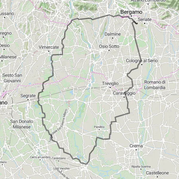 Miniatura della mappa di ispirazione al ciclismo "Tour delle Cascine Lodigiane" nella regione di Lombardia, Italy. Generata da Tarmacs.app, pianificatore di rotte ciclistiche