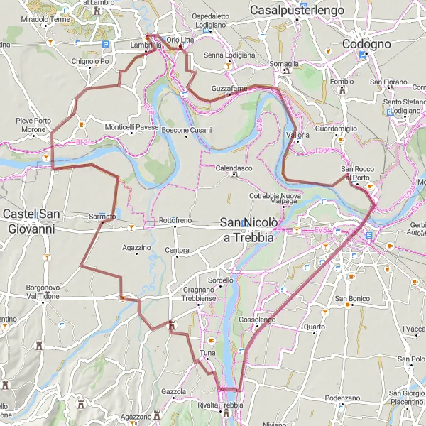Zemljevid v pomanjšavi "Gravel route from Orio Litta" kolesarske inspiracije v Lombardia, Italy. Generirano z načrtovalcem kolesarskih poti Tarmacs.app