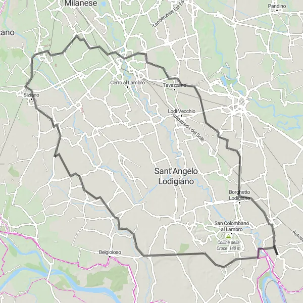 Miniatua del mapa de inspiración ciclista "Recorrido en carretera desde Chignolo Po a Livraga" en Lombardia, Italy. Generado por Tarmacs.app planificador de rutas ciclistas