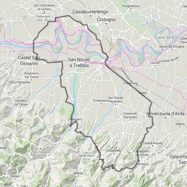 Miniature de la carte de l'inspiration cycliste "Défi montagneux de Rivergaro" dans la Lombardia, Italy. Générée par le planificateur d'itinéraire cycliste Tarmacs.app