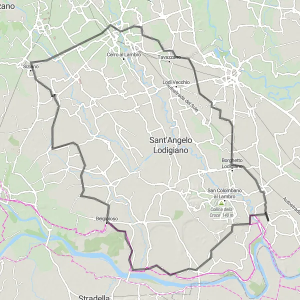 Miniatura della mappa di ispirazione al ciclismo "Circuito delle Colline Pavesi" nella regione di Lombardia, Italy. Generata da Tarmacs.app, pianificatore di rotte ciclistiche