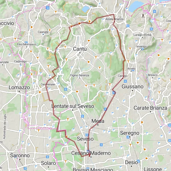 Map miniature of "Scenic Gravel Loop around Mariano Comense" cycling inspiration in Lombardia, Italy. Generated by Tarmacs.app cycling route planner